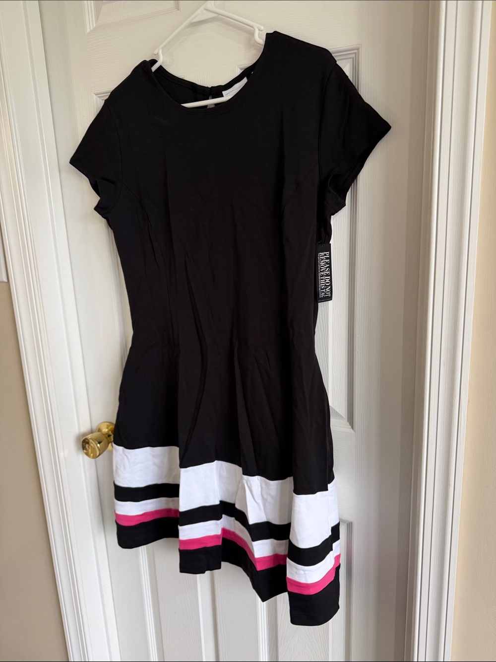 NWT New York & Company Black Mini Dress with White and Pink Hem Stripes - Picture 6 of 9